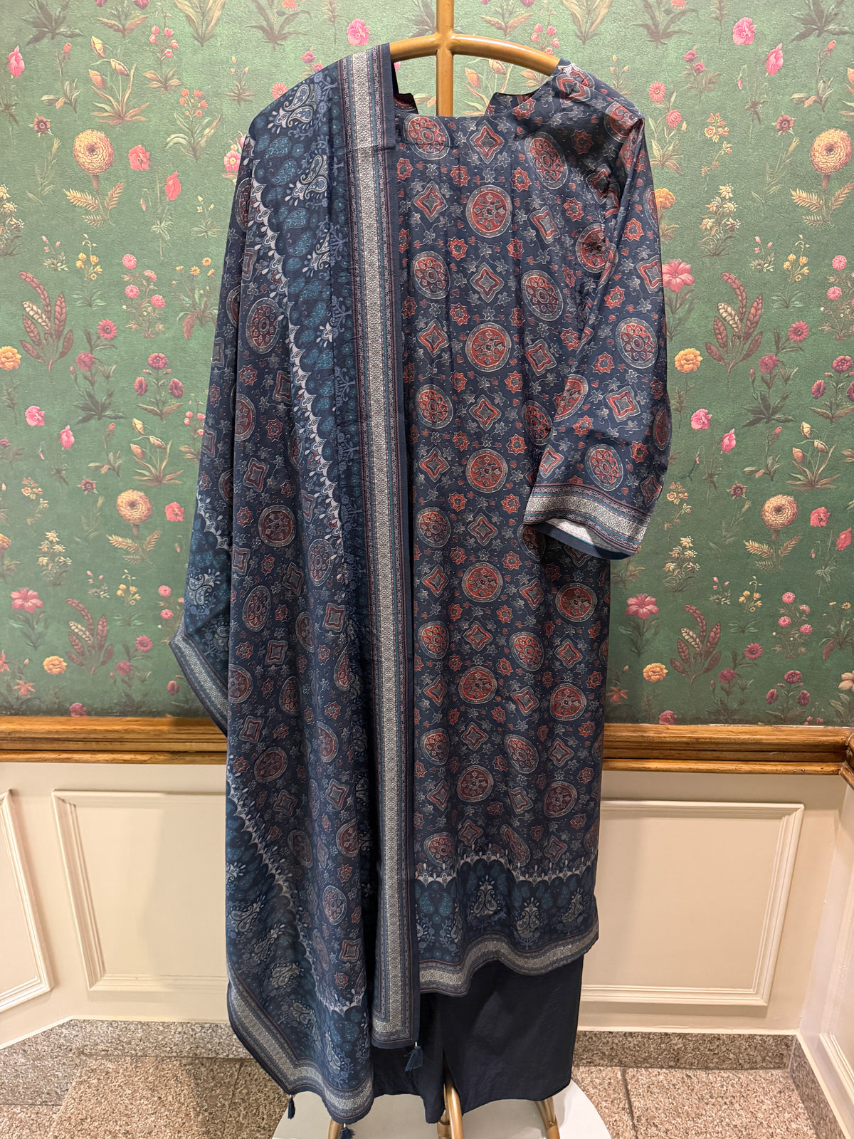 Indigo Medallion Printed Silk Suit Set