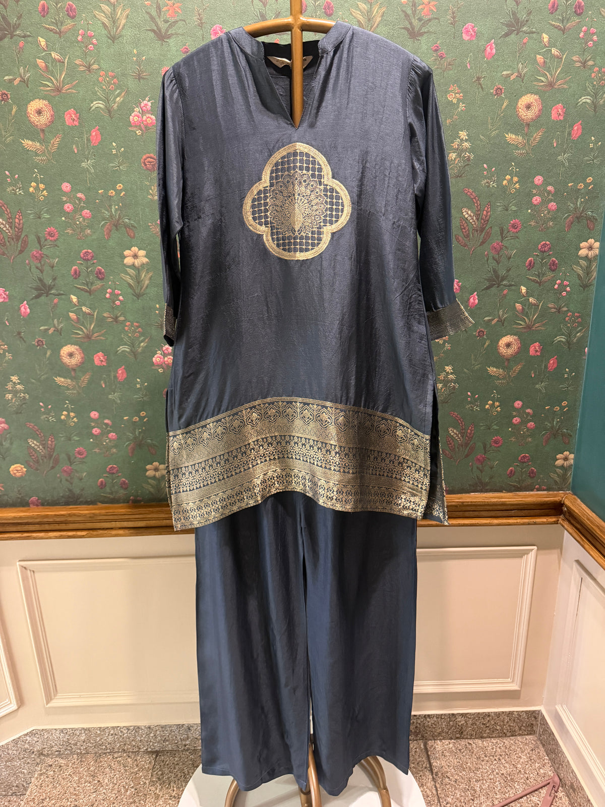 Slate Blue Dola Silk Festive Kurta/Co-ord Set