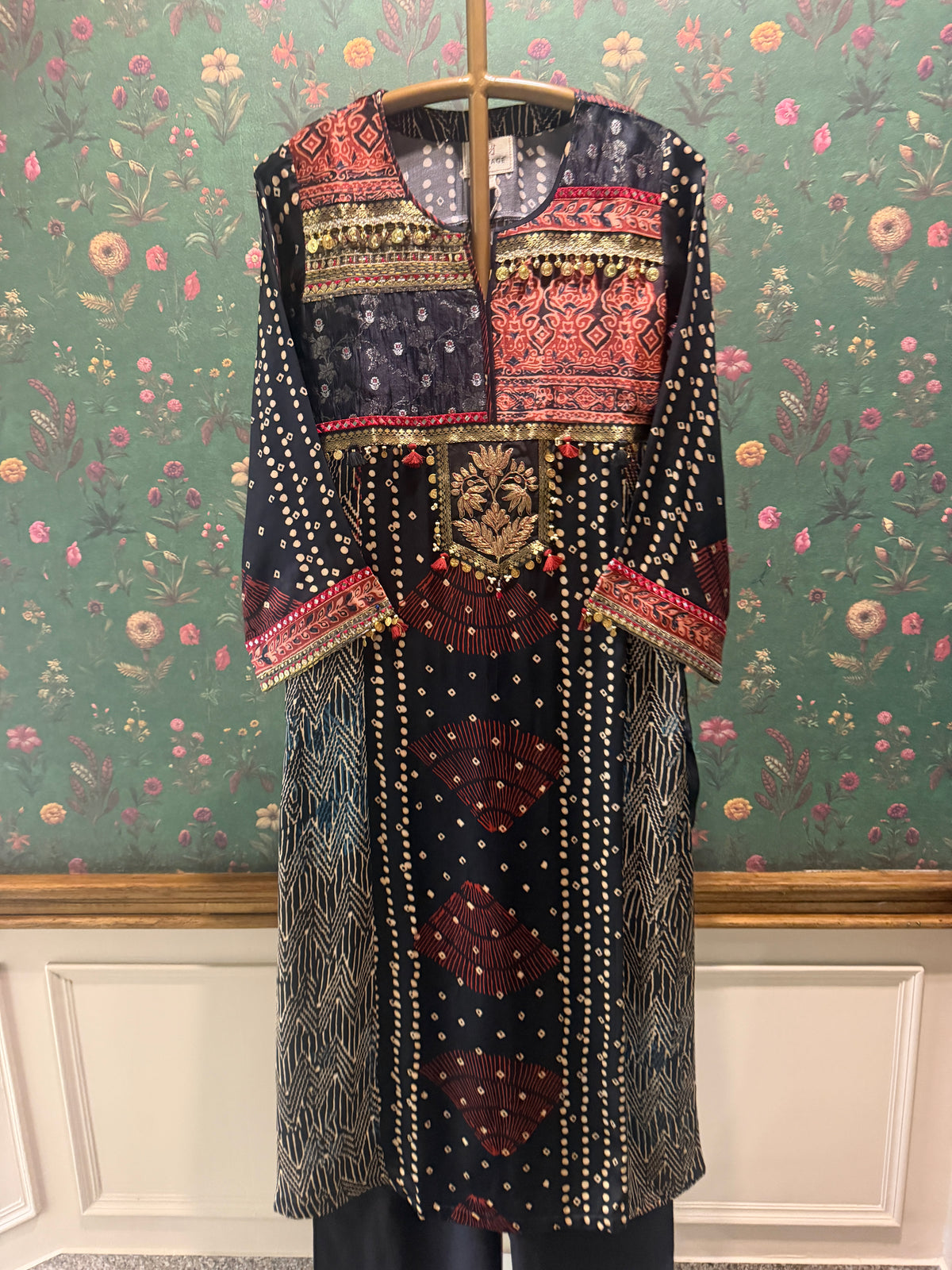 Midnight Blue Gajji Silk Printed Embellished Kurta Set