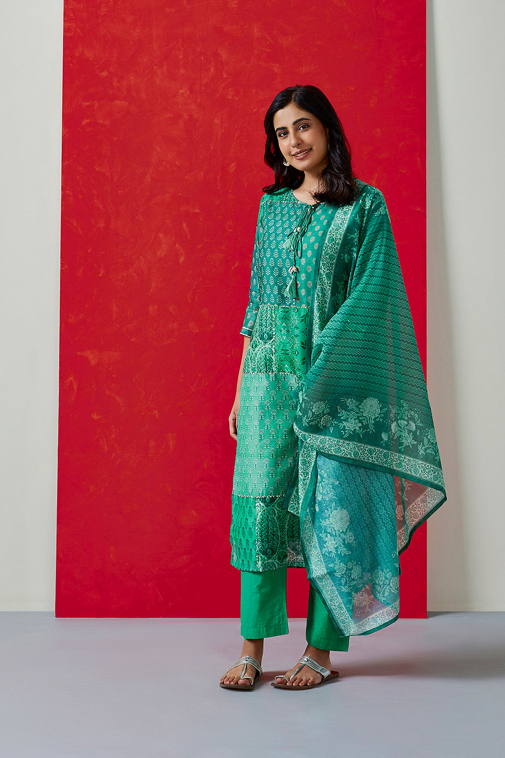 Floral Green Chanderi Suit Set | HER-399