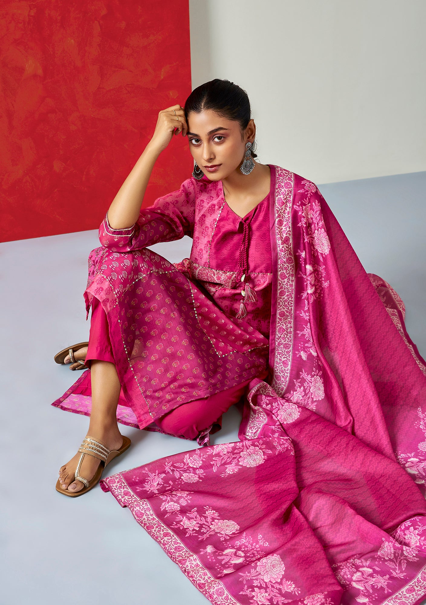 Floral Dark Pink Chanderi Suit Set | HER-399