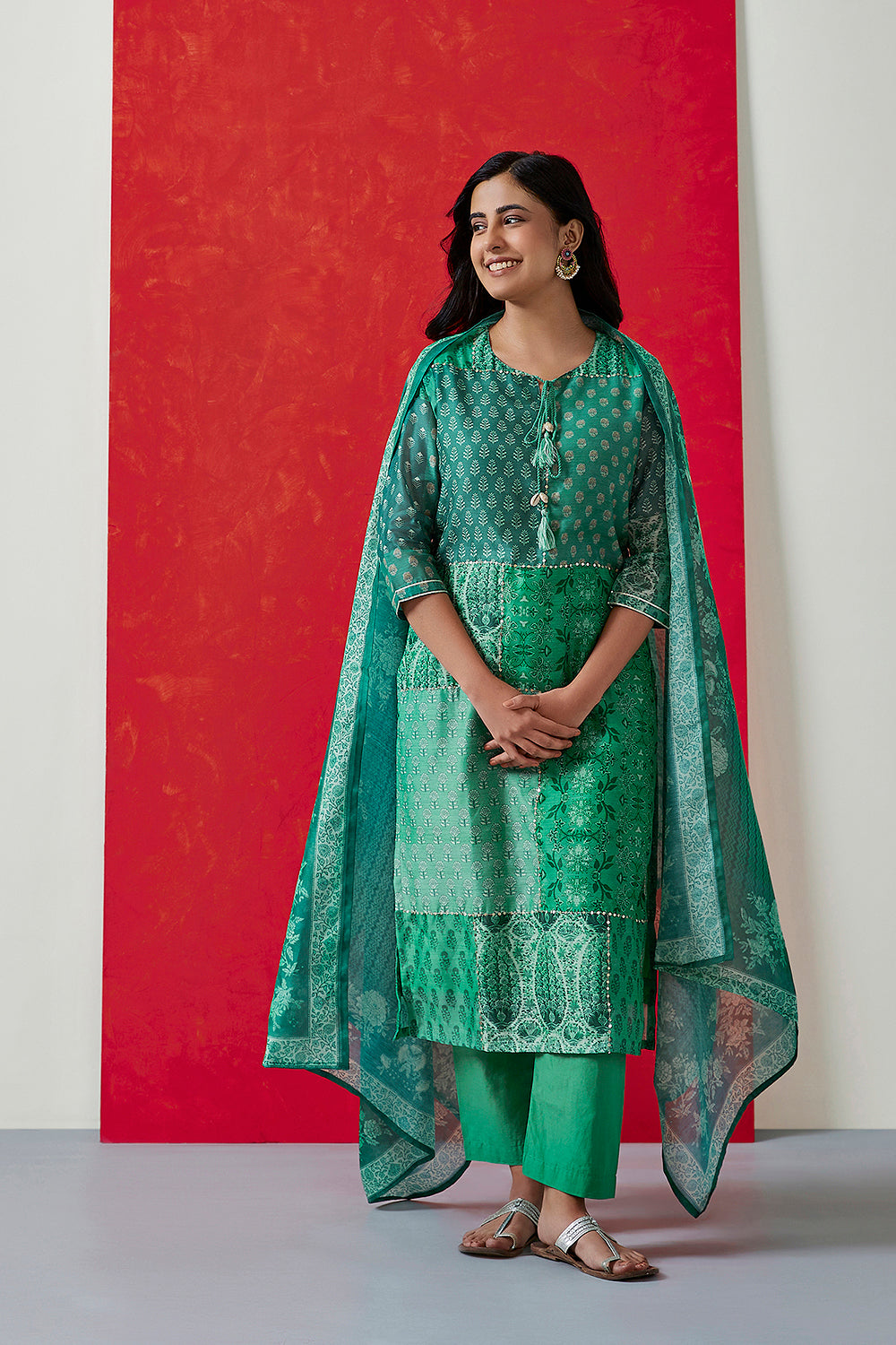 Floral Green Chanderi Suit Set | HER-399