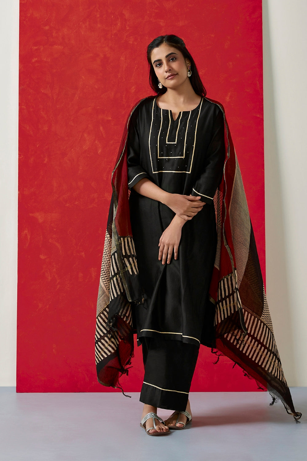 Black Pure Chanderi Suit Set with Handblock Dupatta