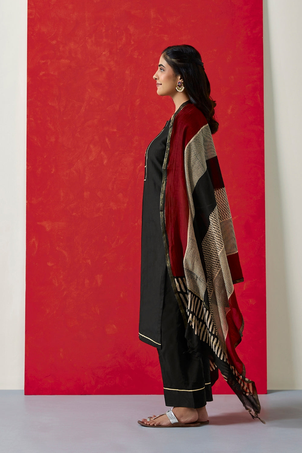 Black Pure Chanderi Suit Set with Handblock Dupatta