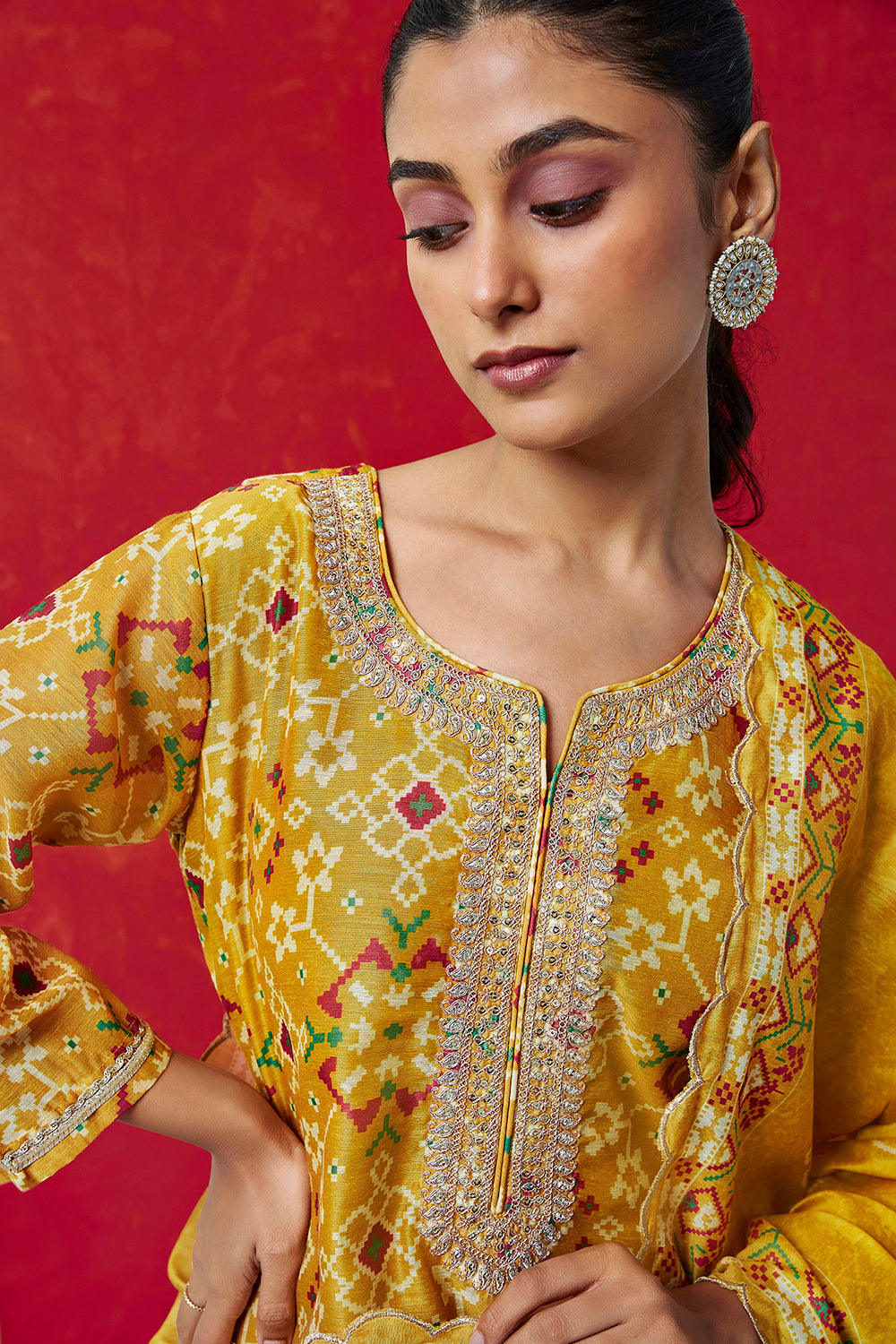Yellow Chanderi Suit Set (with Pants and Dupatta)