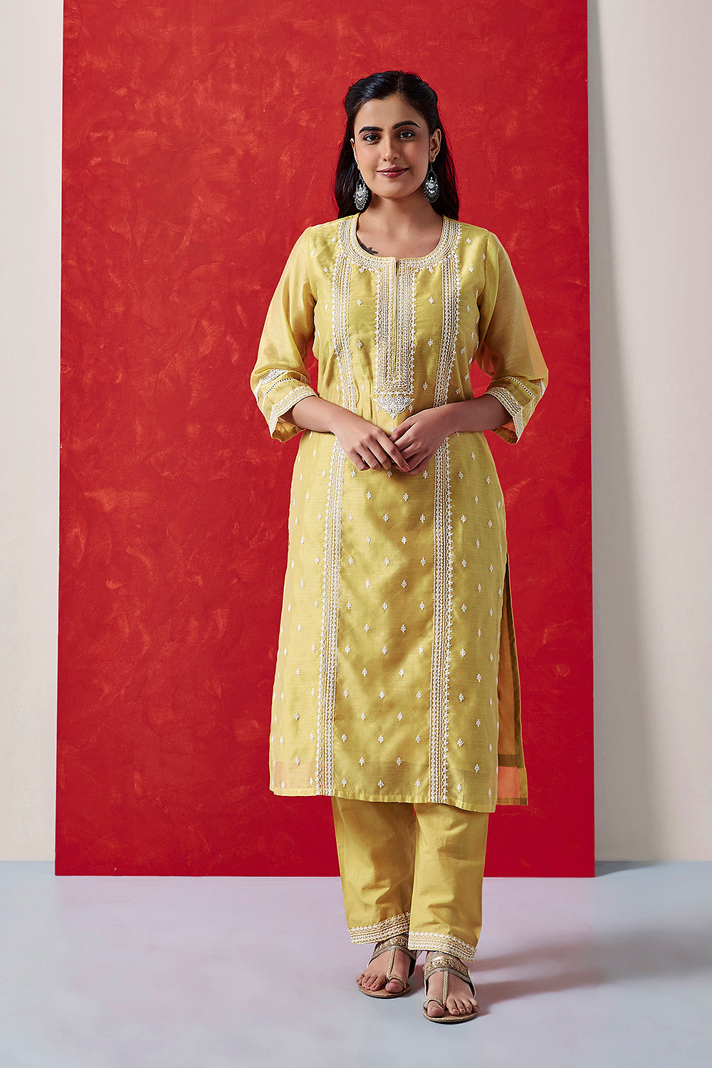 Zariya Yellow Embroidered Chanderi Suit Set | HER-388