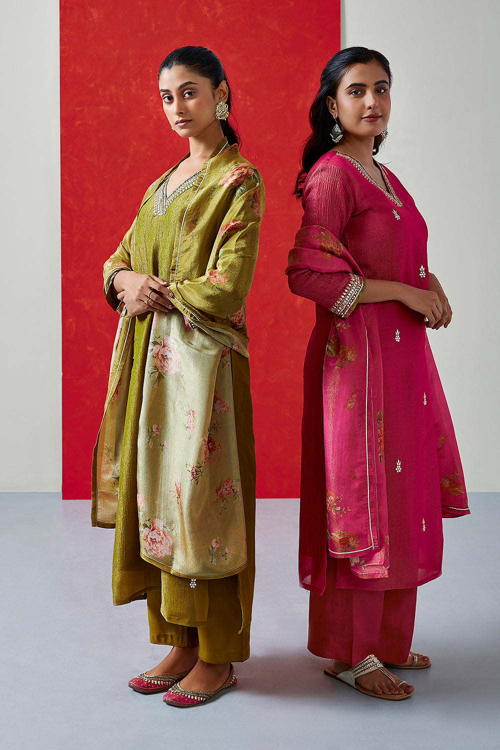 Olive Green Pure Crushed Tissue Suit Set