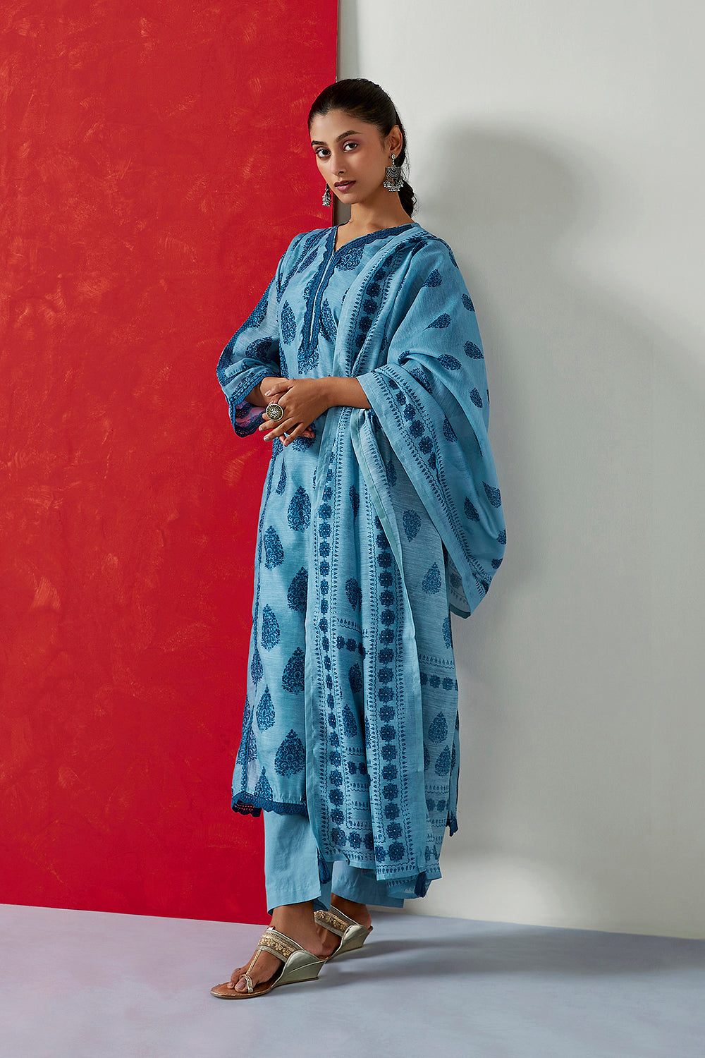 Tehzeeb ‘Powder Indigo Blue’ Chanderi Suit Set | HER-411