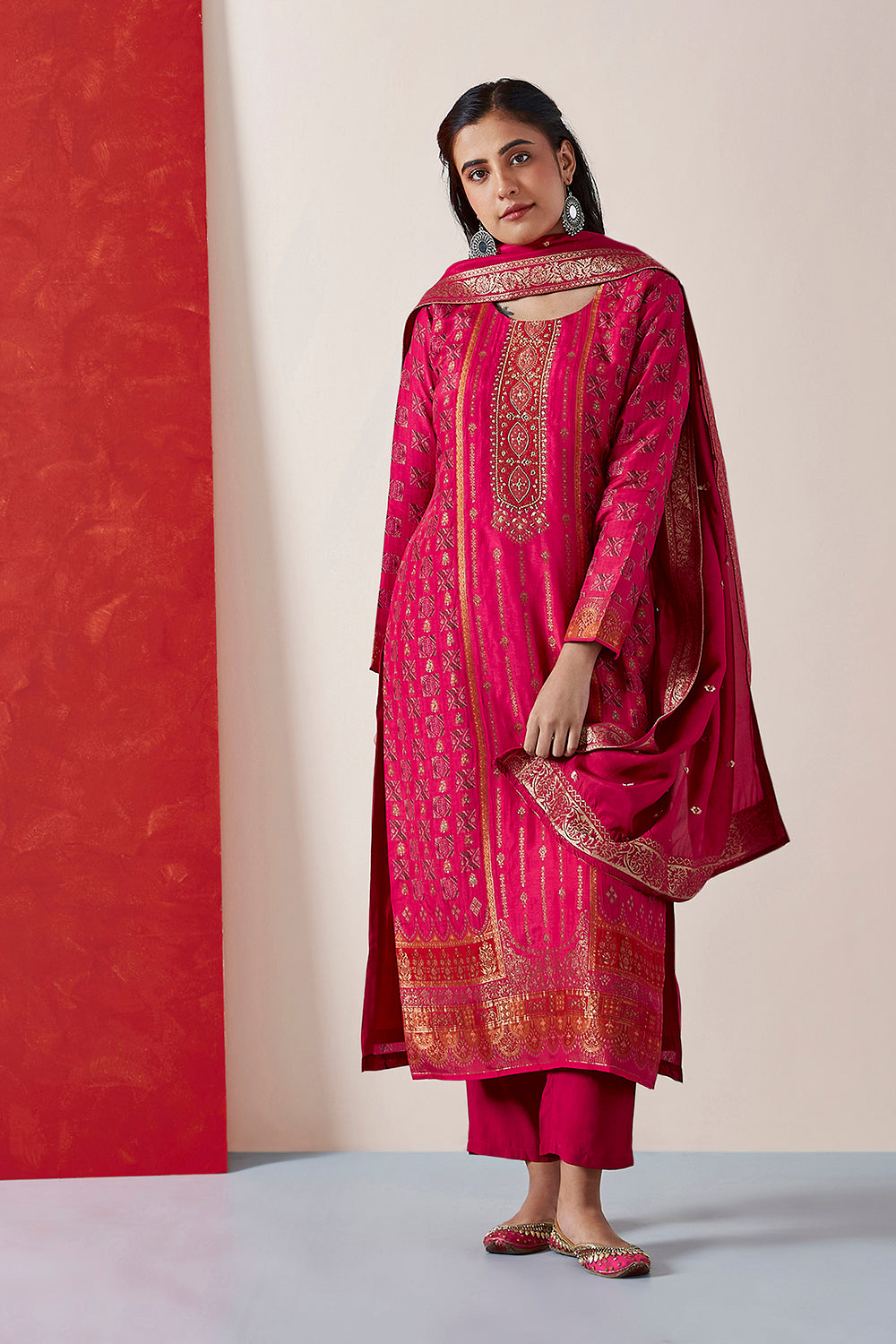 Bright Pink Dola Jacquard Suit Set