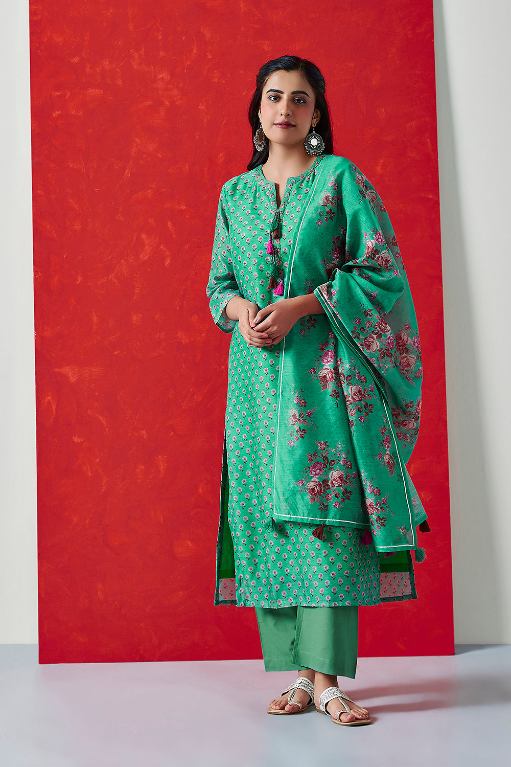 Green Chanderi Suit Set | HER-410