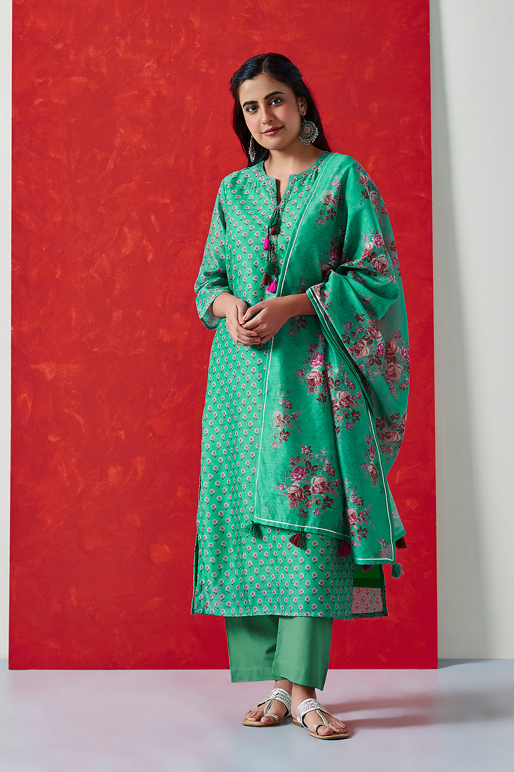 Green Chanderi Suit Set | HER-410
