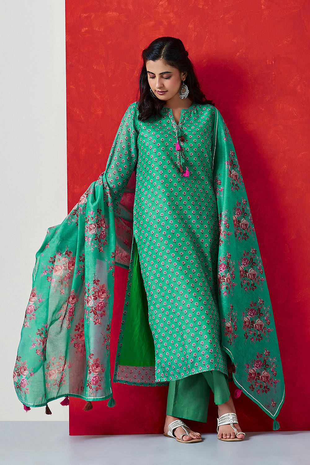 Green Chanderi Suit Set | HER-410