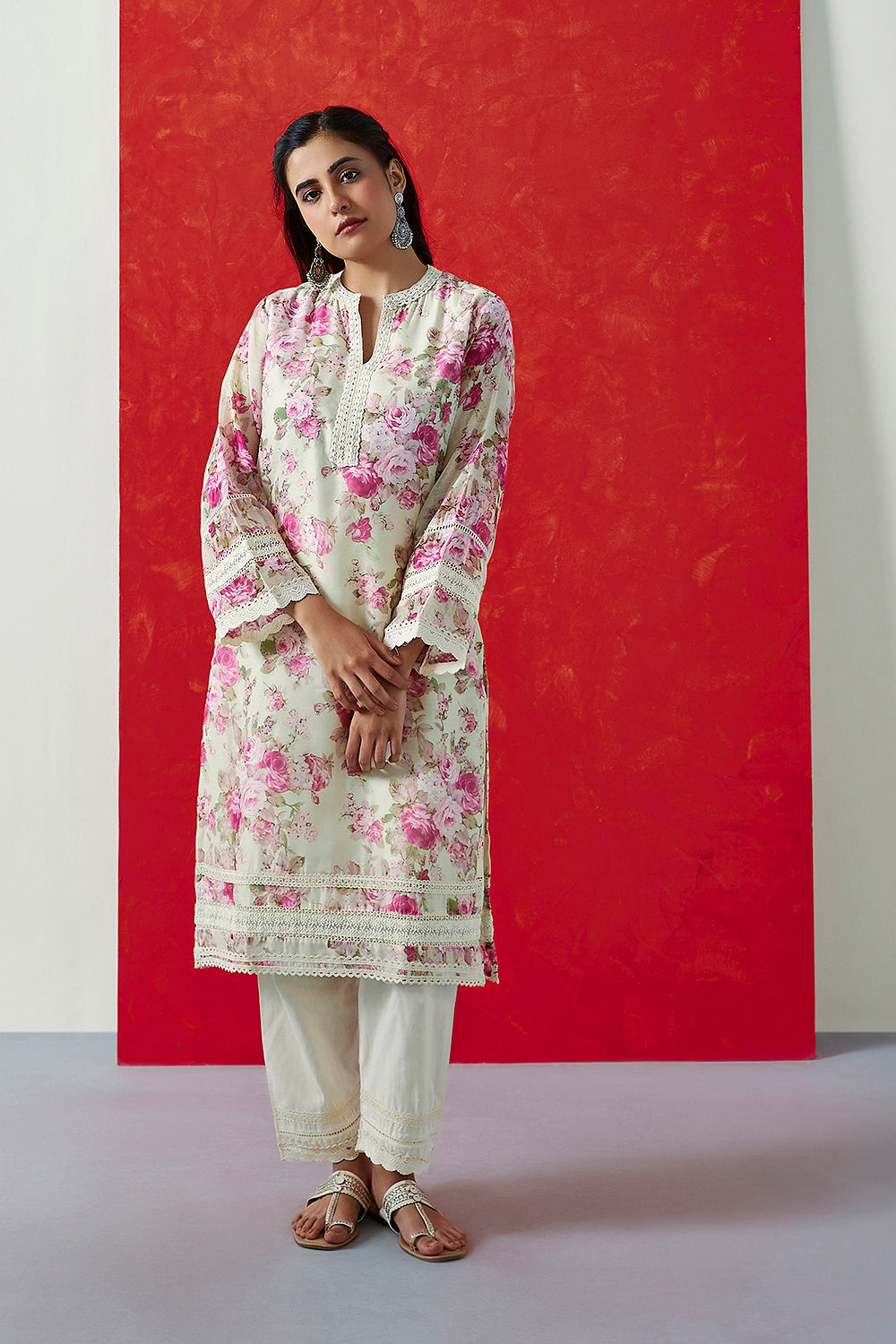Cream Floral Printed Chanderi Suit Set | HER-394