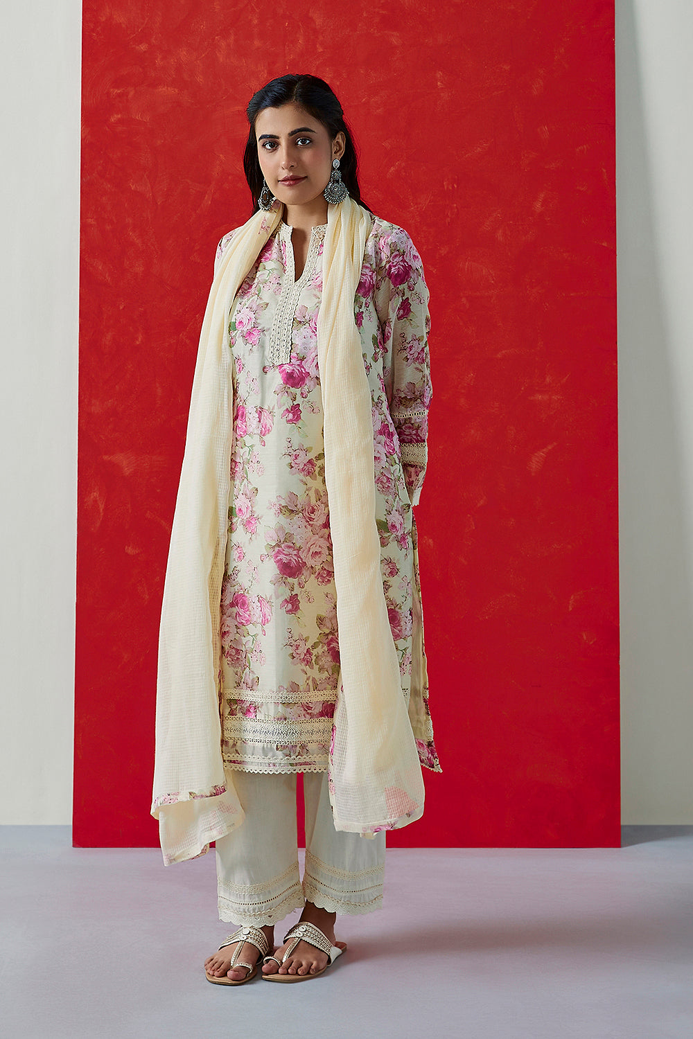 Cream Floral Printed Chanderi Suit Set | HER-394