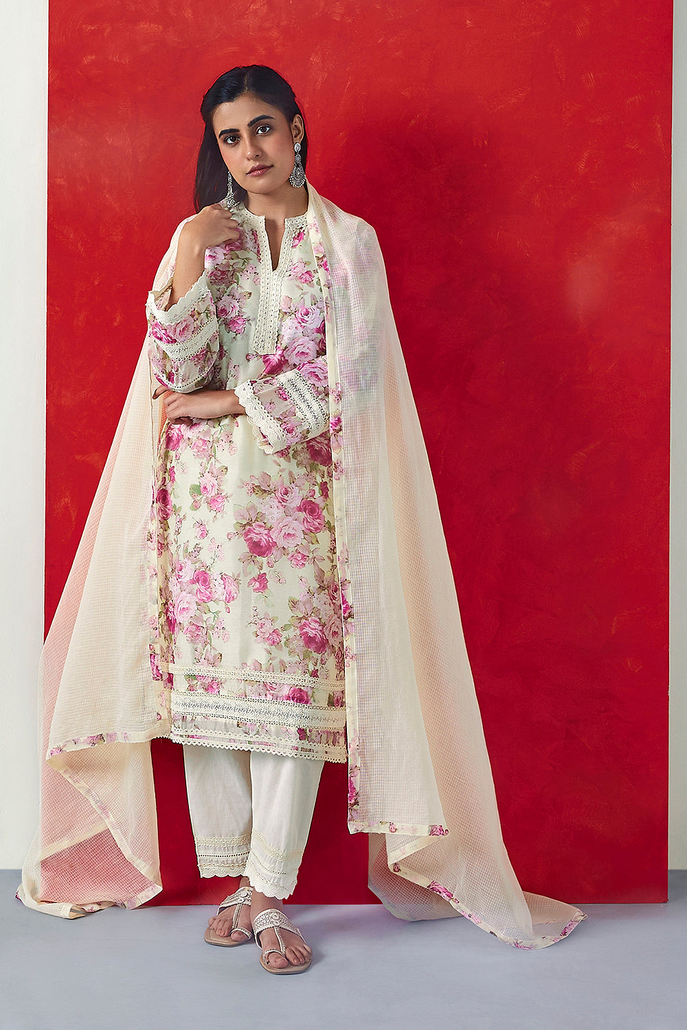 Cream Floral Printed Chanderi Suit Set | HER-394