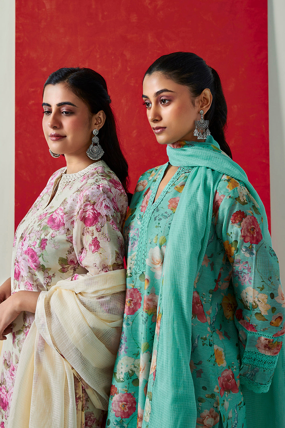 Aqua Floral Printed Chanderi Suit Set | HER-394