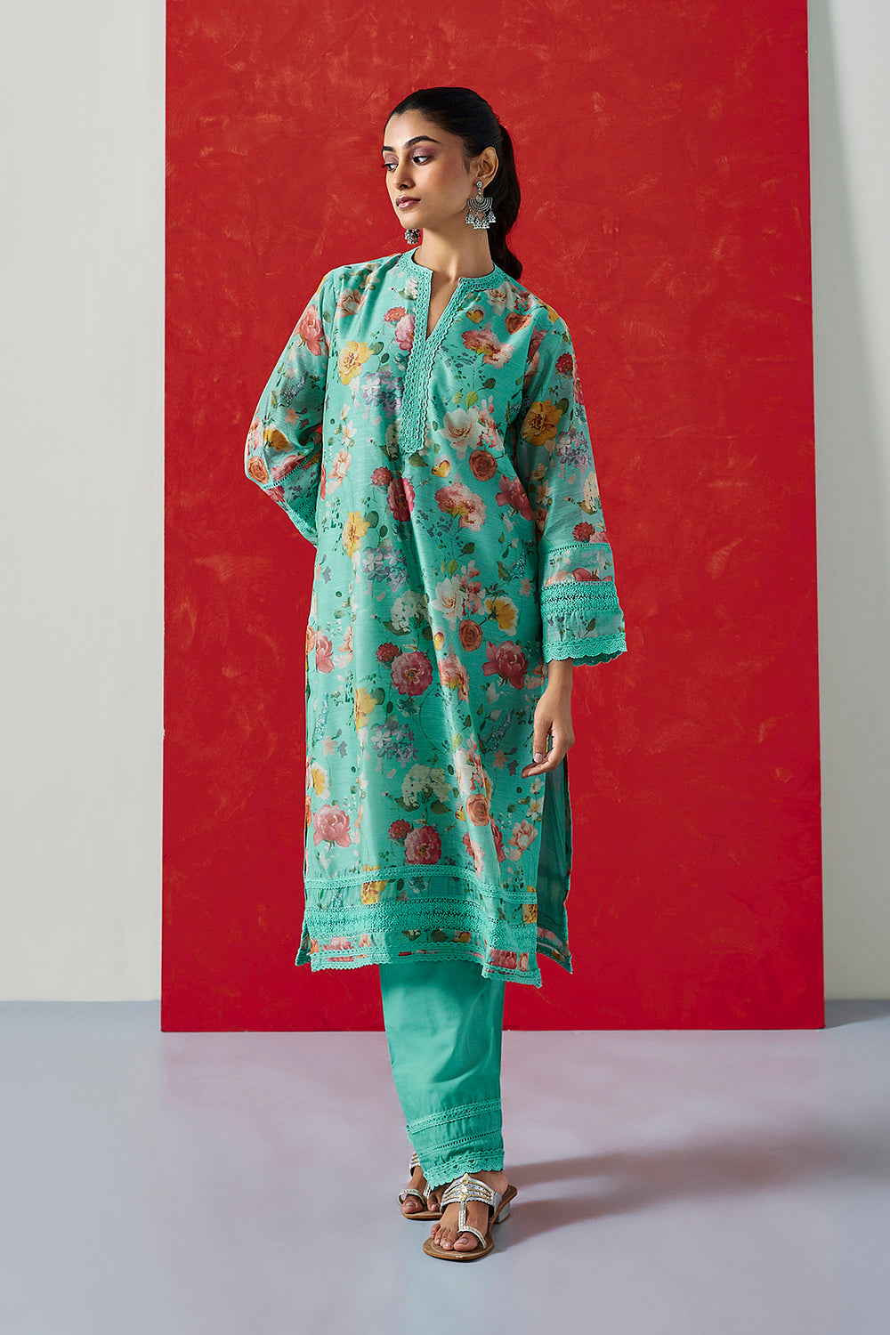 Aqua Floral Printed Chanderi Suit Set | HER-394