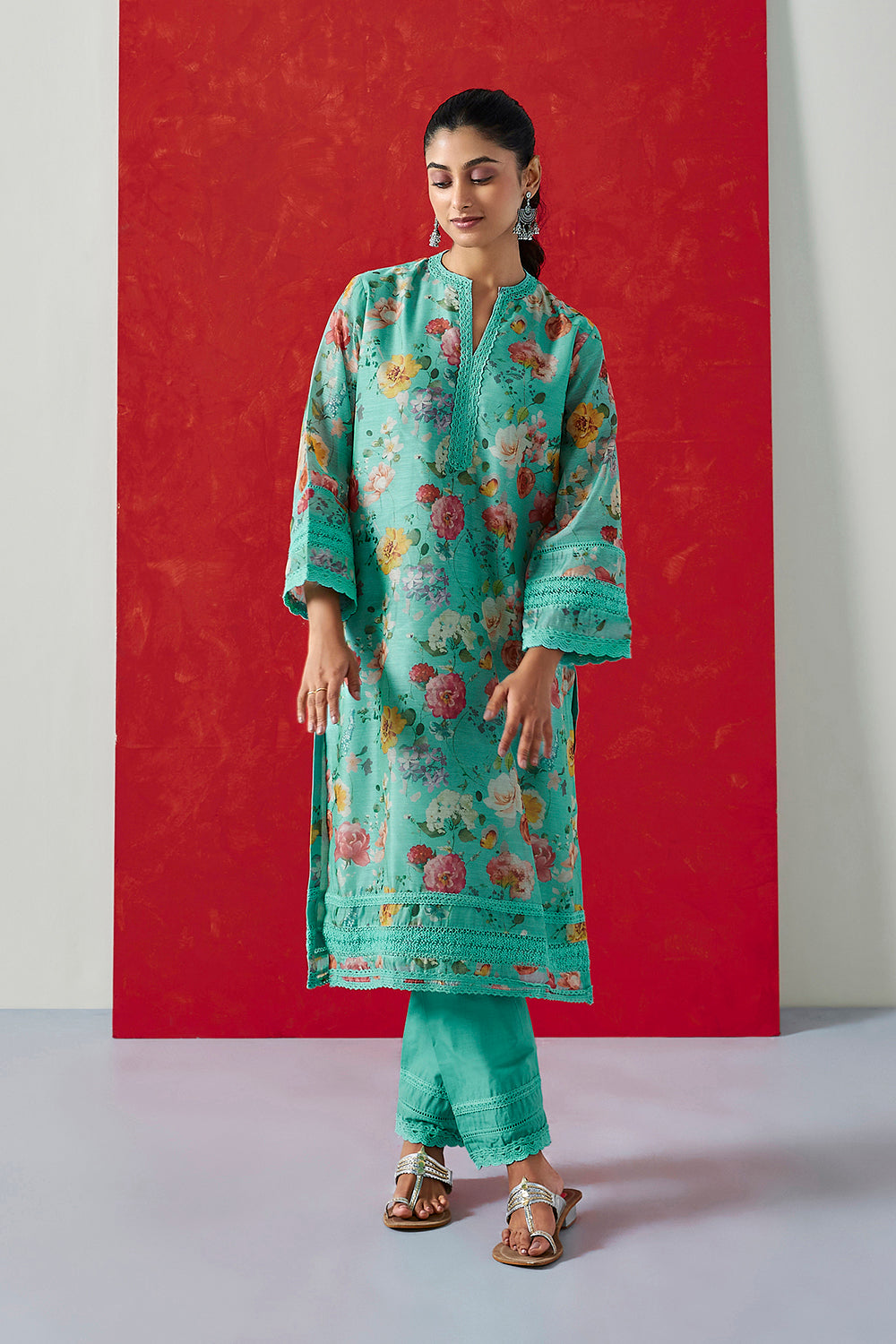 Aqua Floral Printed Chanderi Suit Set | HER-394
