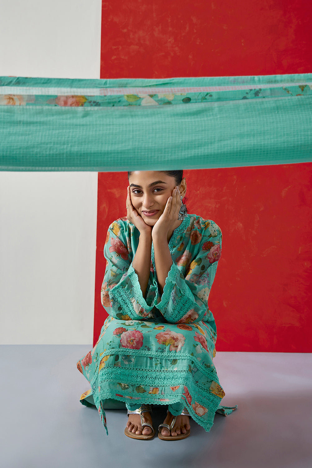 Aqua Floral Printed Chanderi Suit Set | HER-394