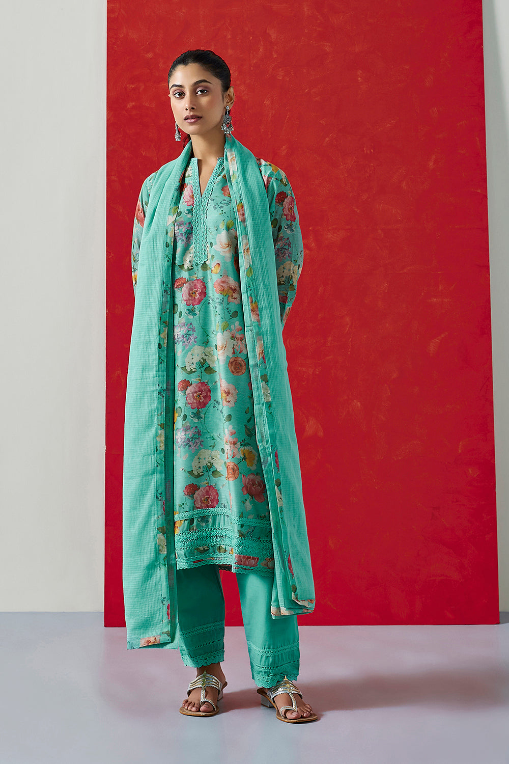 Aqua Floral Printed Chanderi Suit Set | HER-394