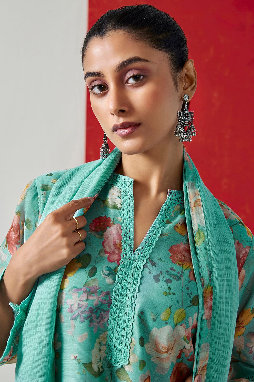 Aqua Floral Printed Chanderi Suit Set | HER-394
