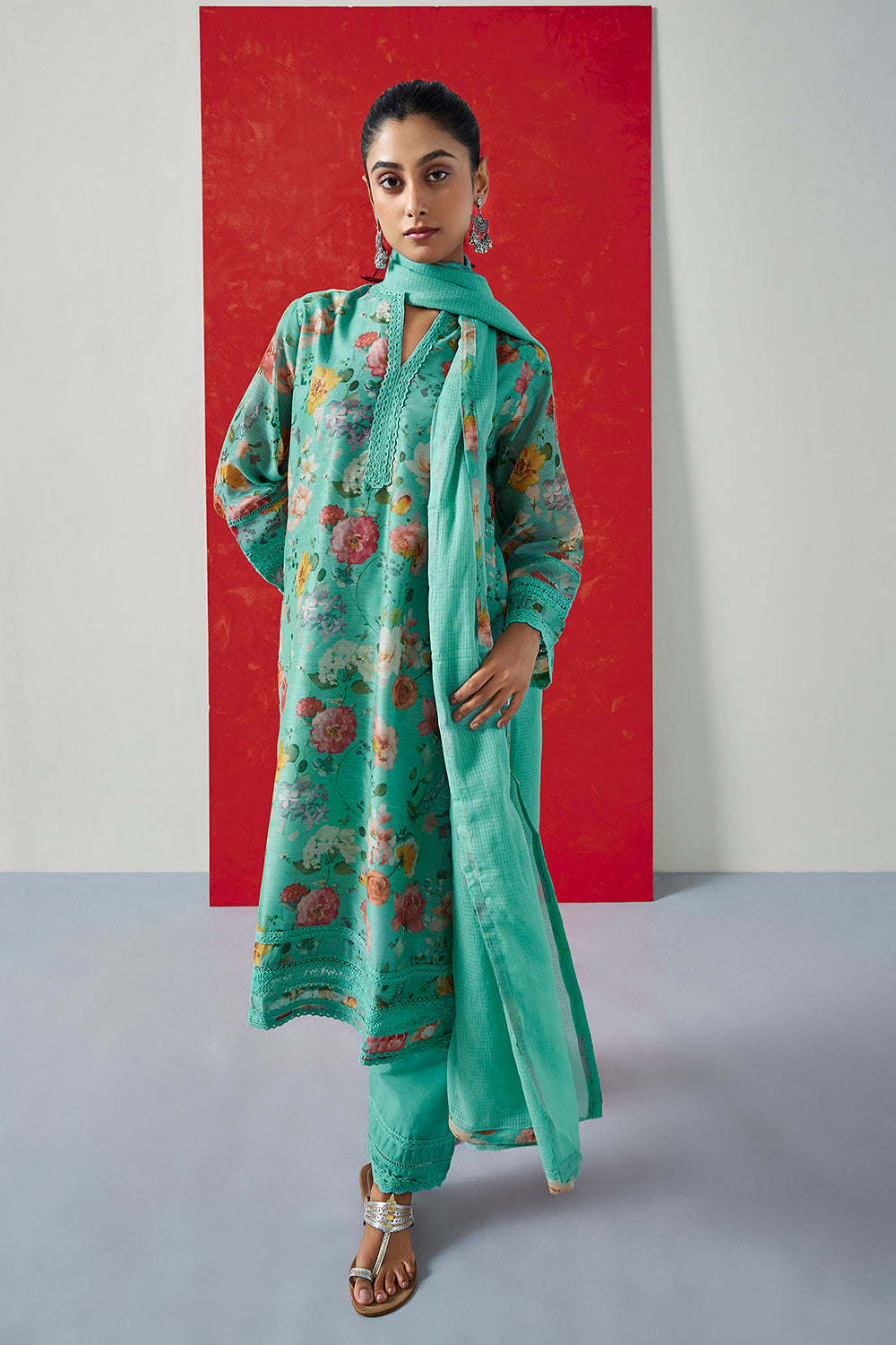 Aqua Floral Printed Chanderi Suit Set | HER-394