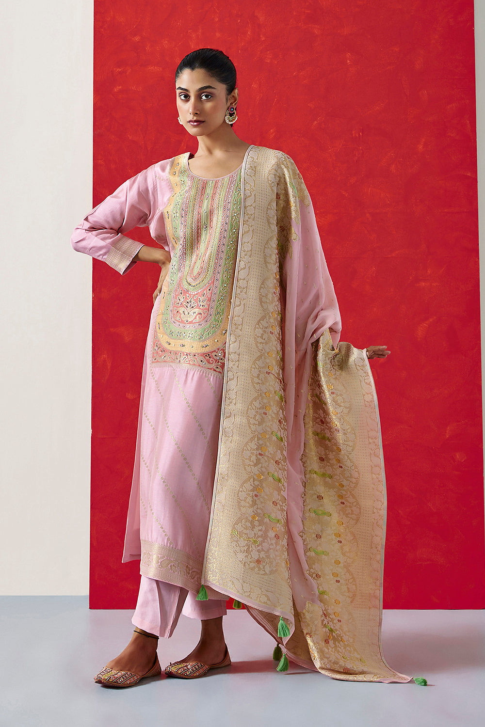 Pastel Pink Dola Jacquard Straight Fit Suit Set