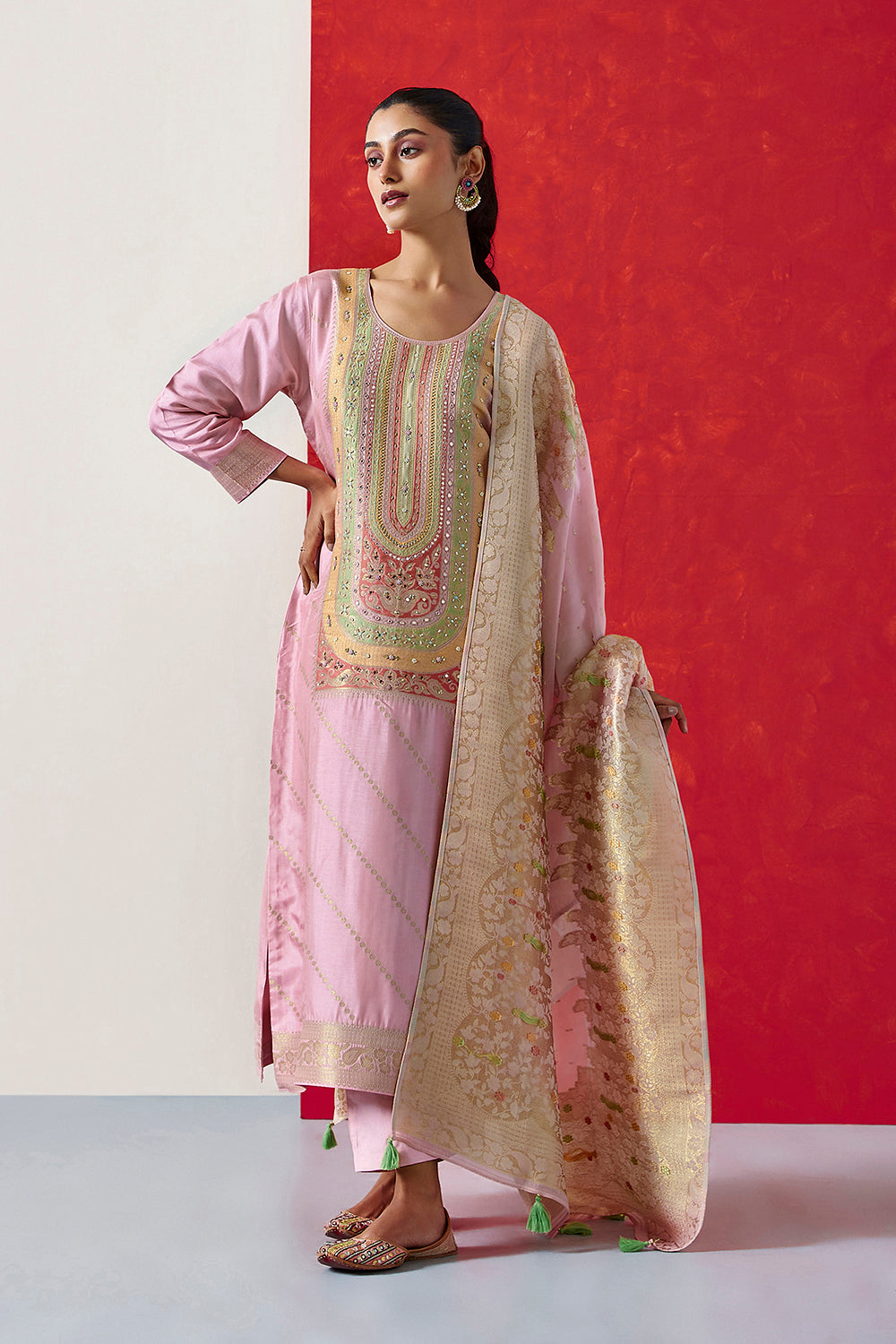 Pastel Pink Dola Jacquard Straight Fit Suit Set
