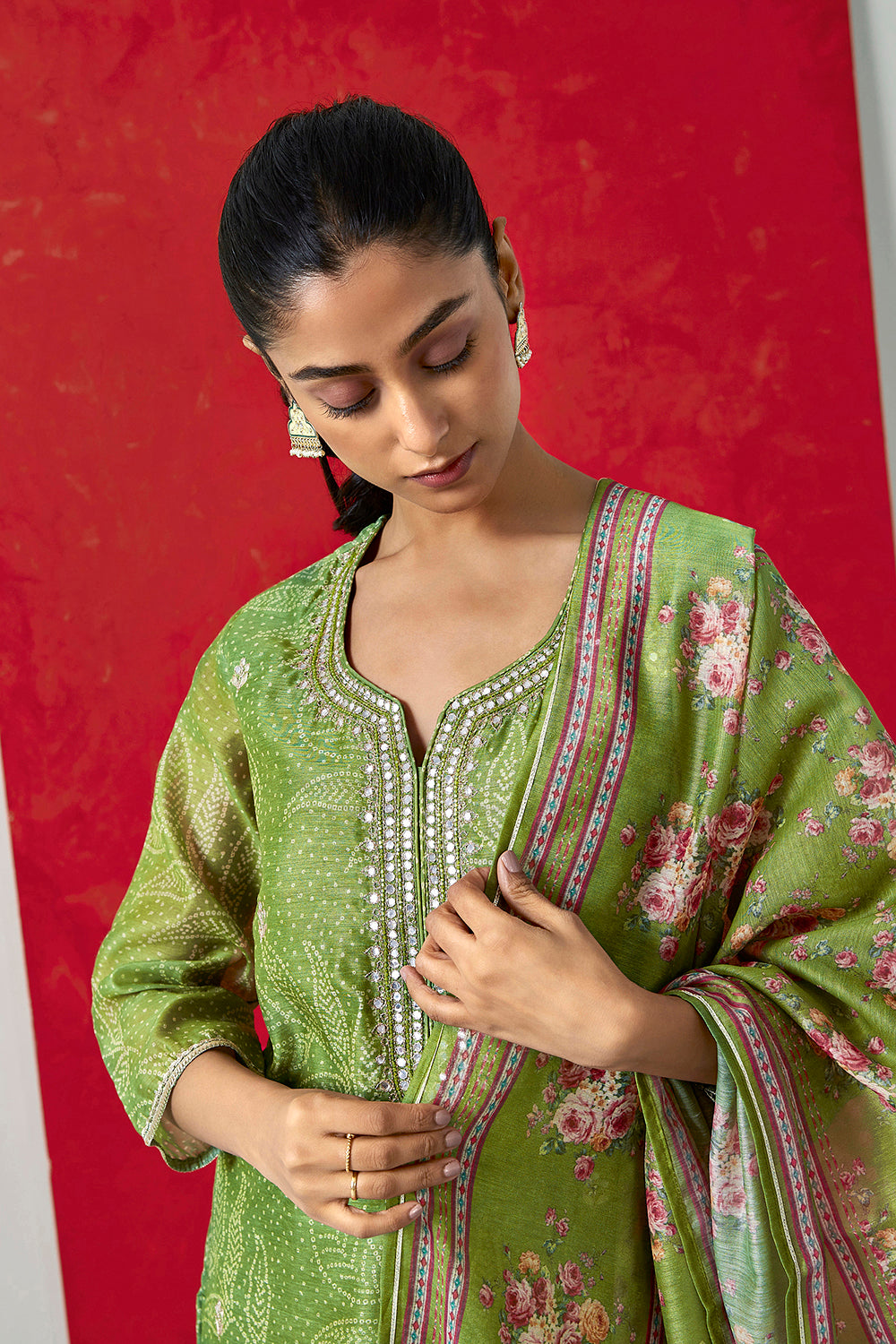 Green Chanderi Suit Set | HER-412