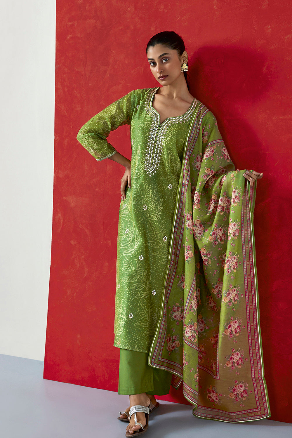 Green Chanderi Suit Set | HER-412