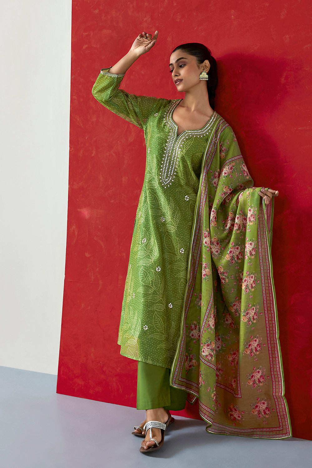 Green Chanderi Suit Set | HER-412