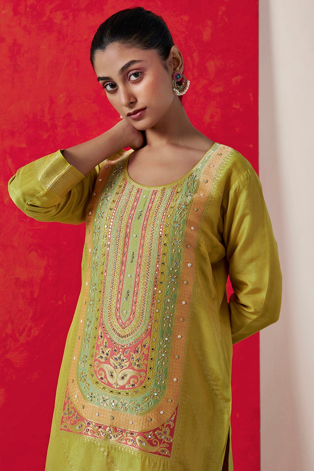 Yellow Dola Jacquard Straight Fit Suit Set