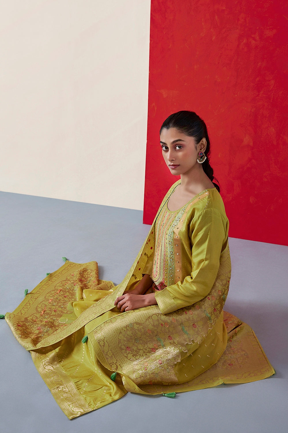 Yellow Dola Jacquard Straight Fit Suit Set