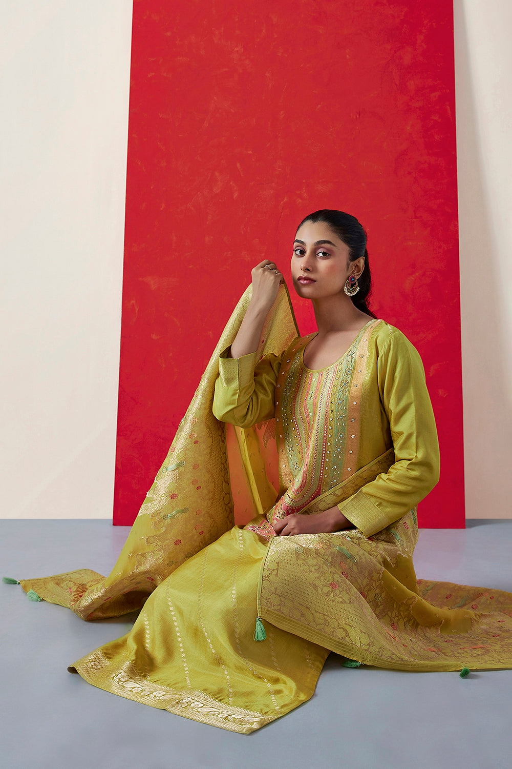Yellow Dola Jacquard Straight Fit Suit Set