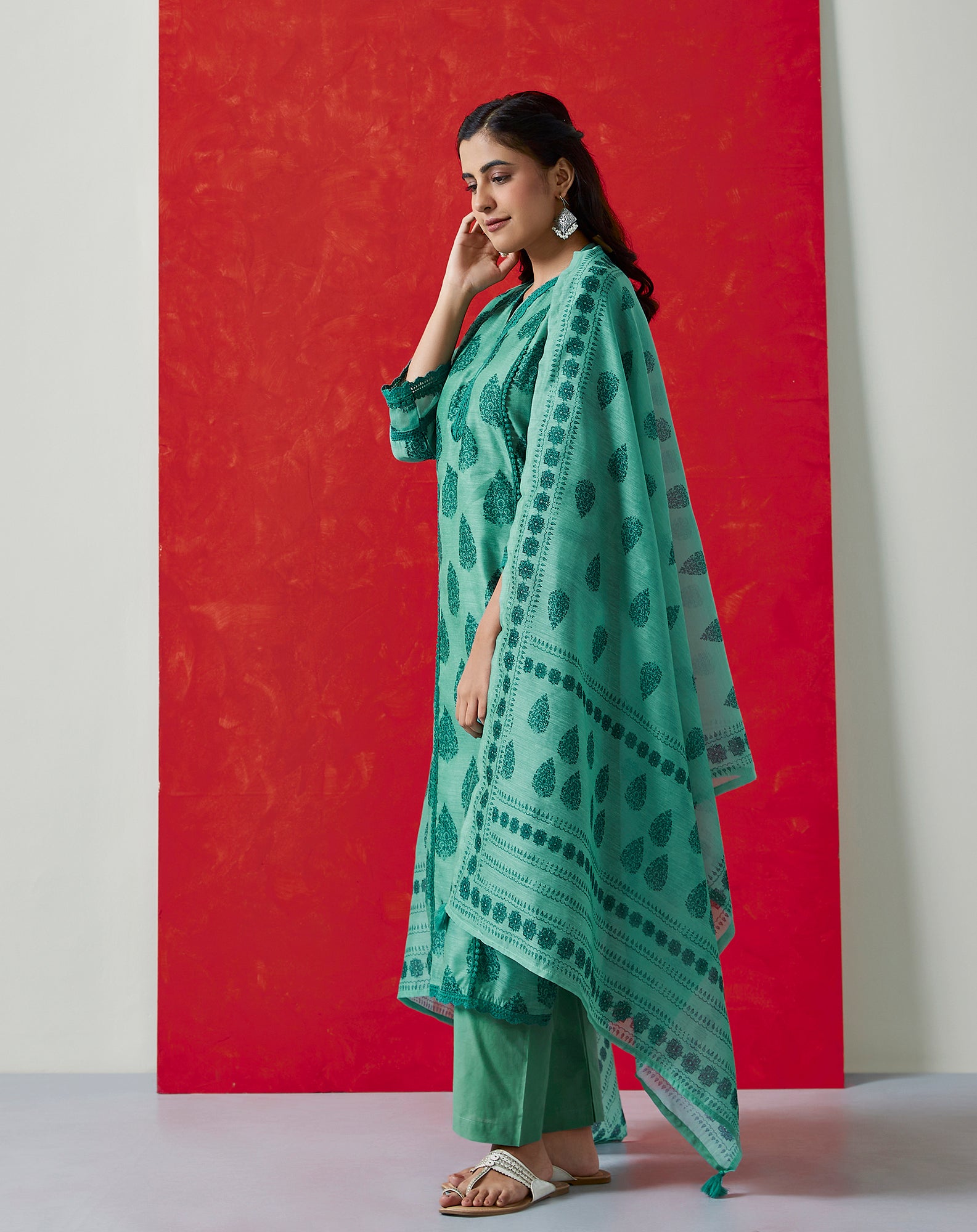 Tehzeeb ‘Emerald Teal Green’ Chanderi Suit Set| HER-411