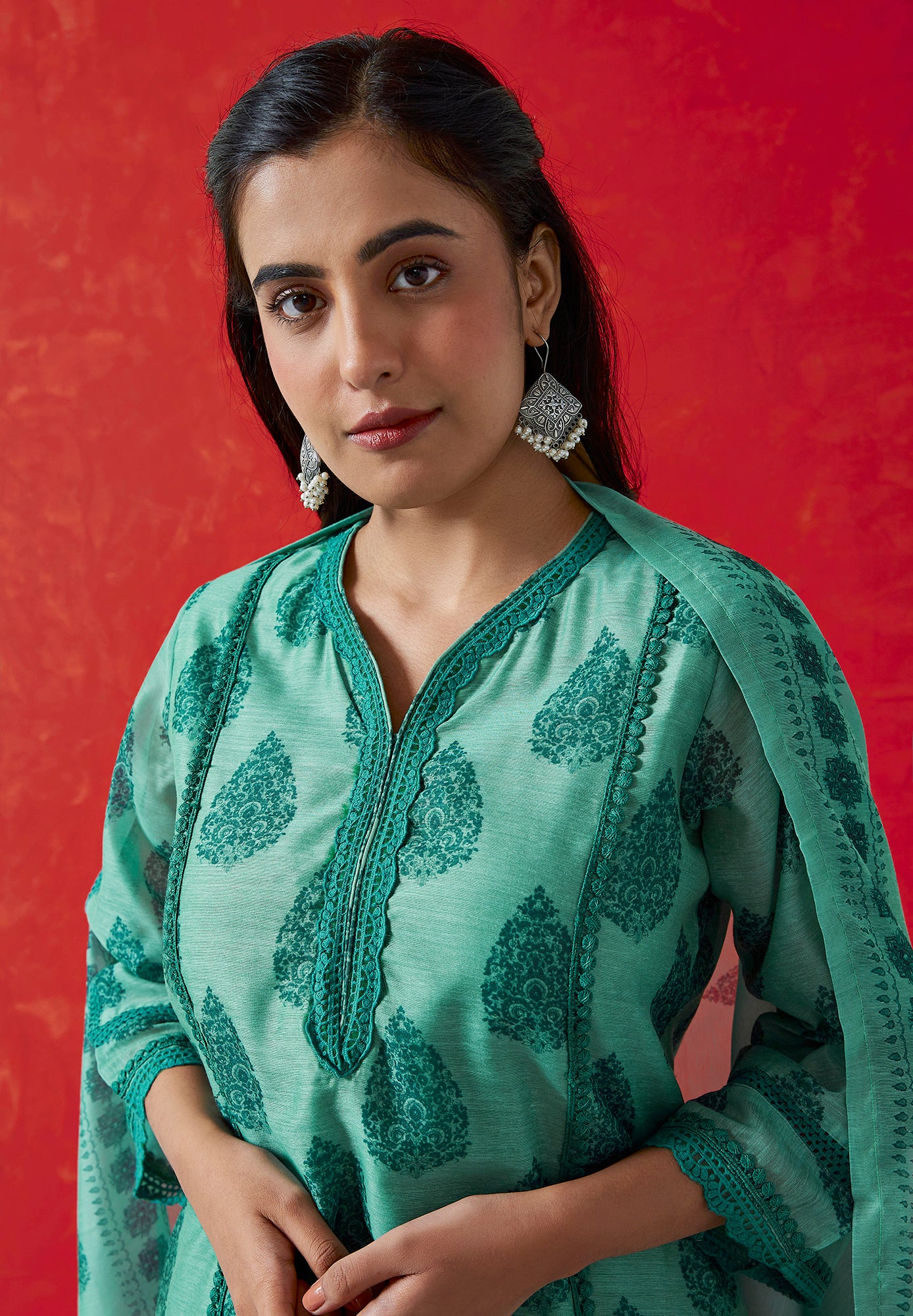 Tehzeeb ‘Emerald Teal Green’ Chanderi Suit Set| HER-411
