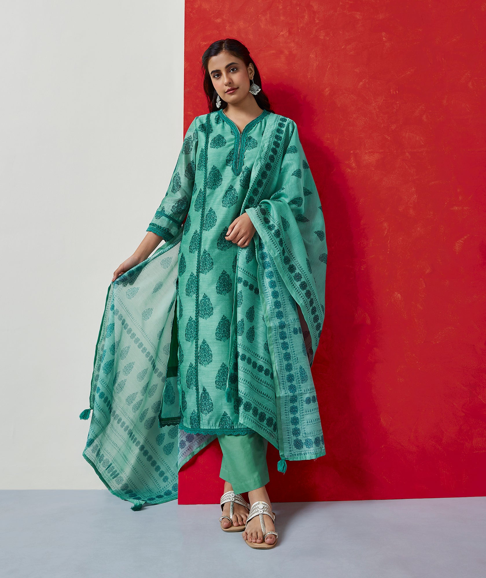 Tehzeeb ‘Emerald Teal Green’ Chanderi Suit Set| HER-411