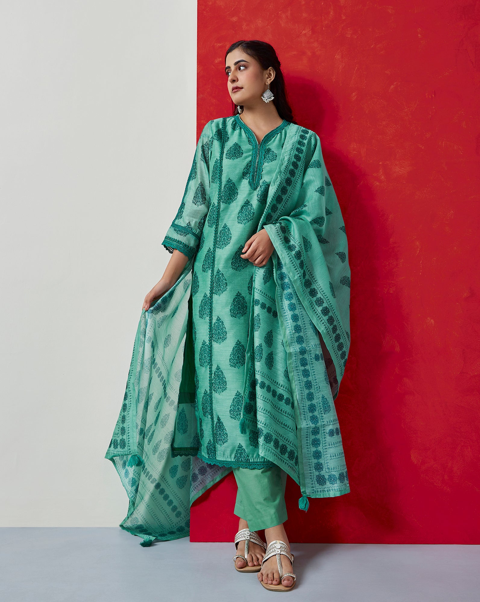 Tehzeeb ‘Emerald Teal Green’ Chanderi Suit Set| HER-411