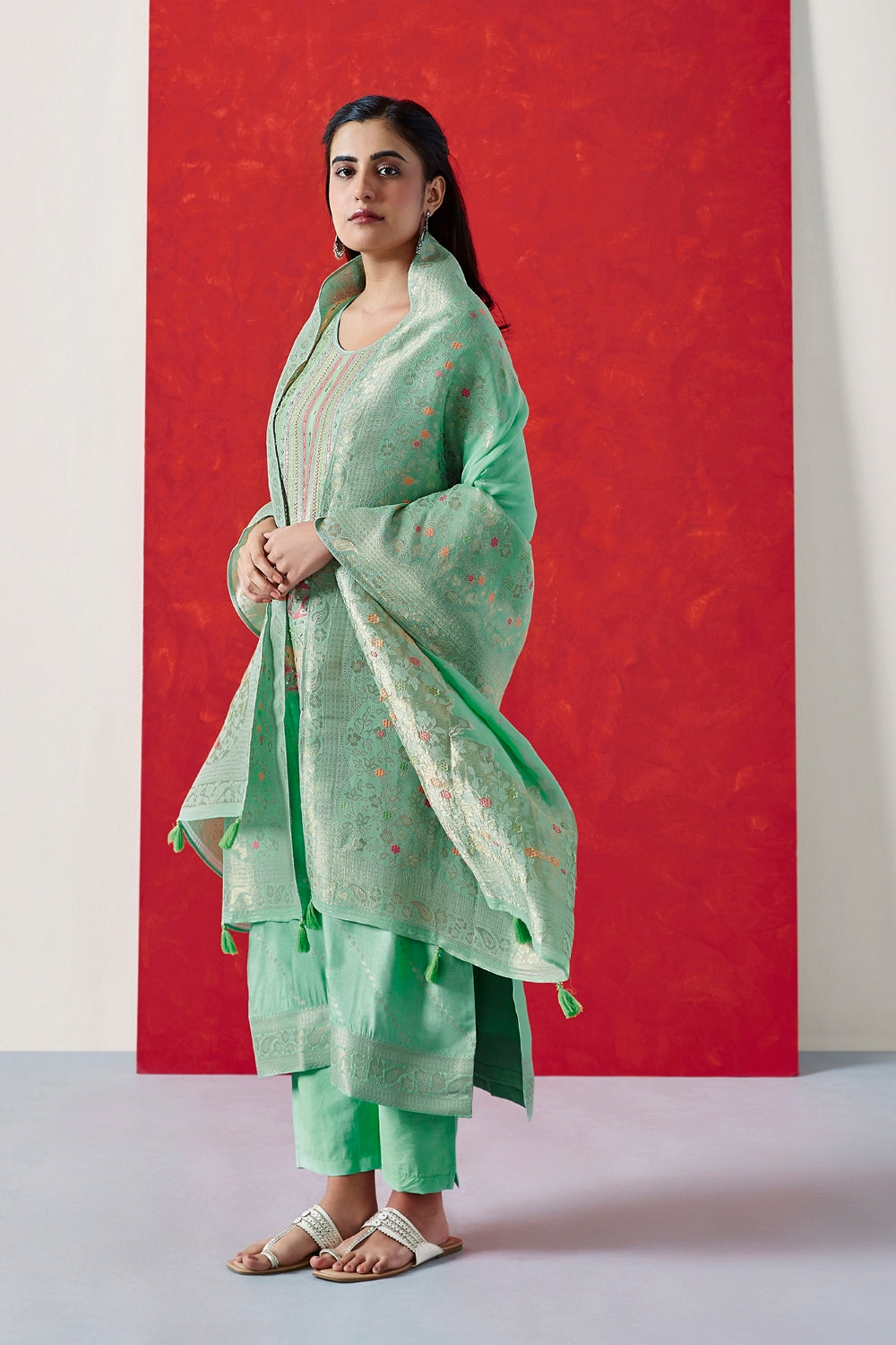Aqua Green Dola Jacquard Straight Fit Suit Set