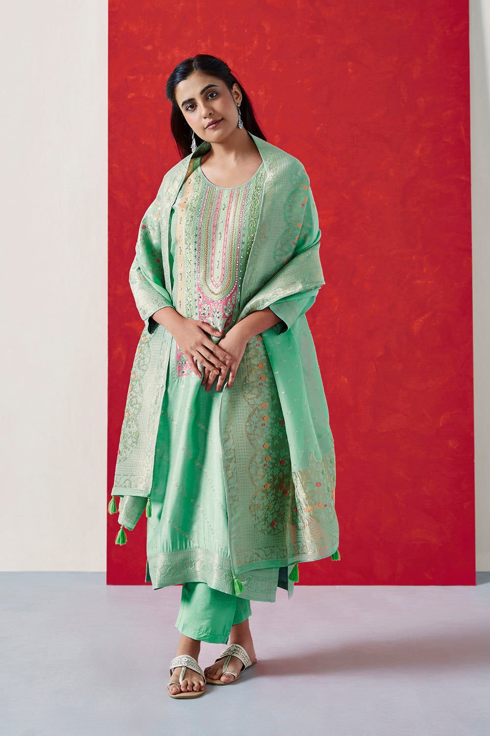 Aqua Green Dola Jacquard Straight Fit Suit Set