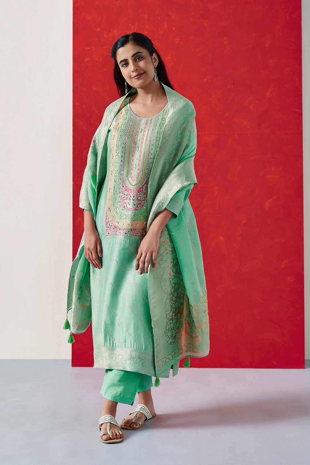 Aqua Green Dola Jacquard Straight Fit Suit Set