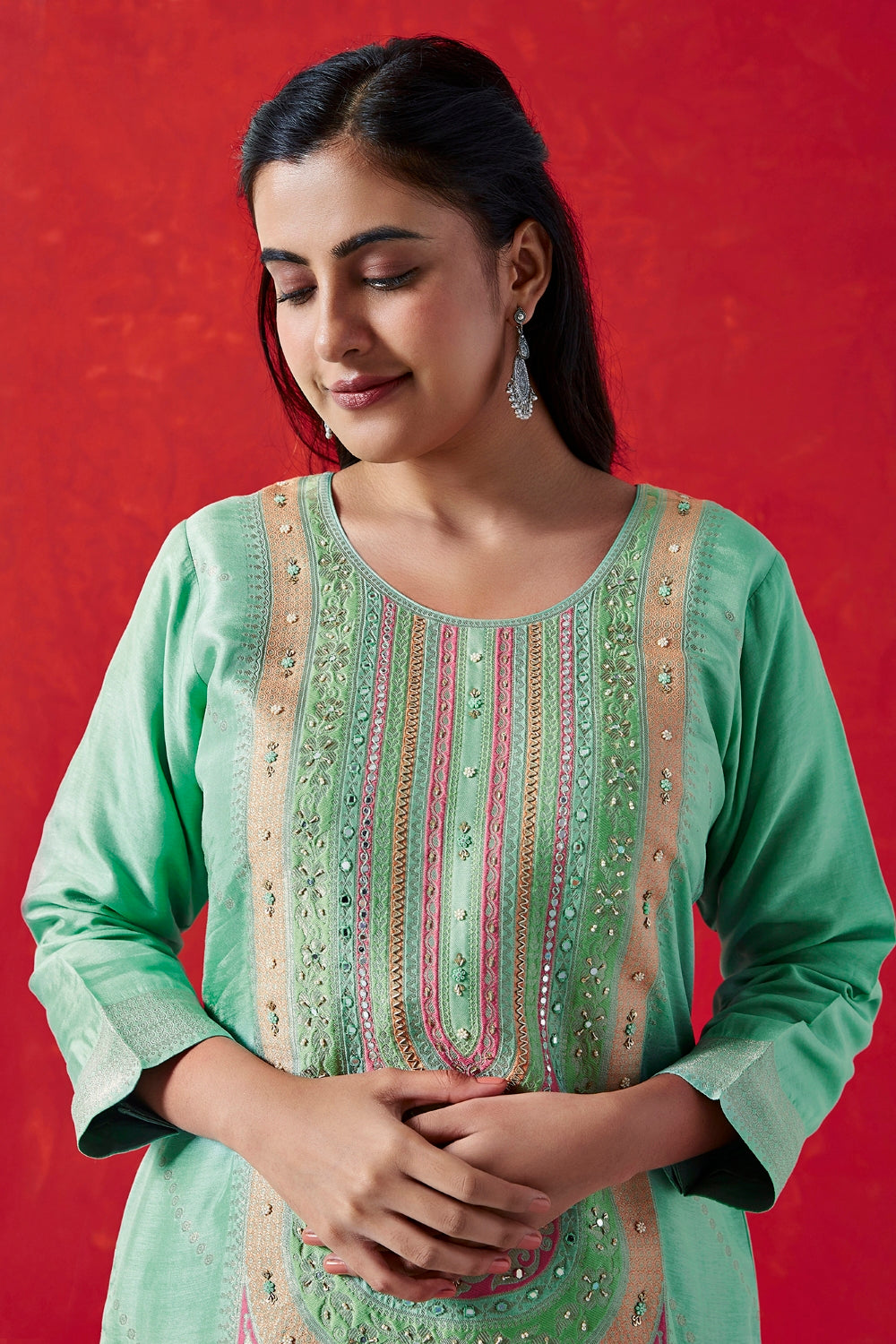 Aqua Green Dola Jacquard Straight Fit Suit Set