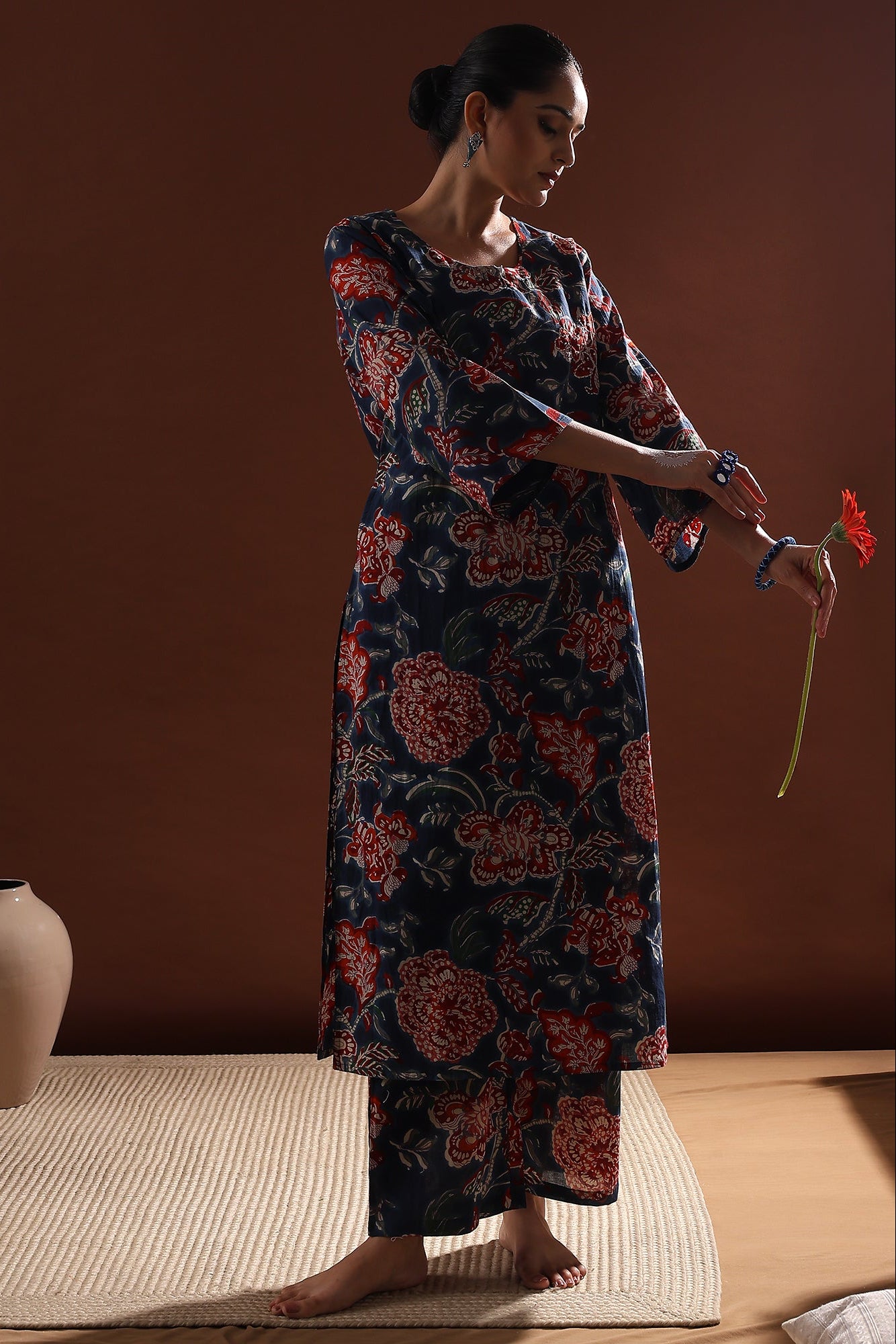 Navy Blue Floral Cotton Co-ord Set | HER-533