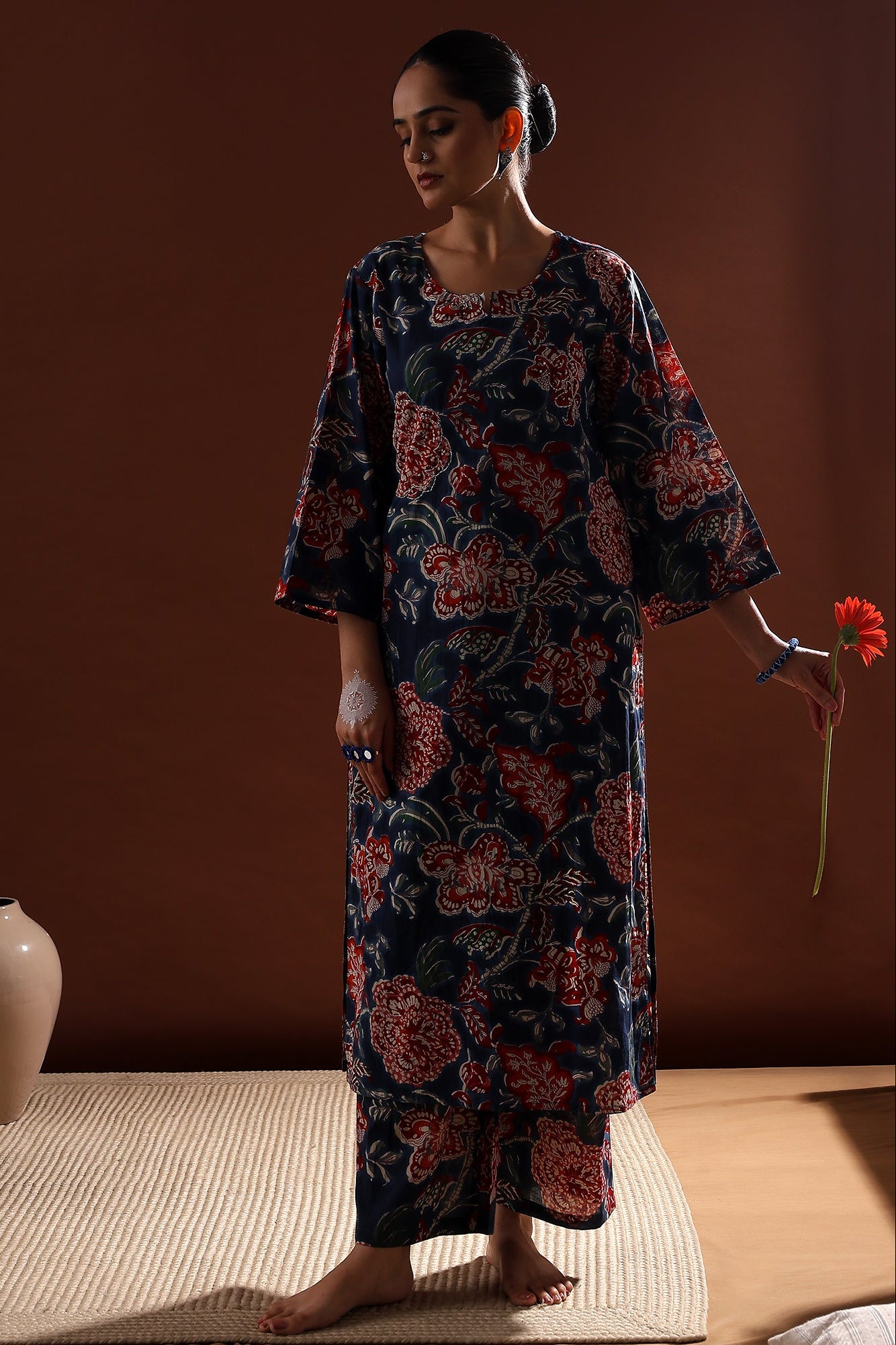 Navy Blue Floral Cotton Co-ord Set | HER-533