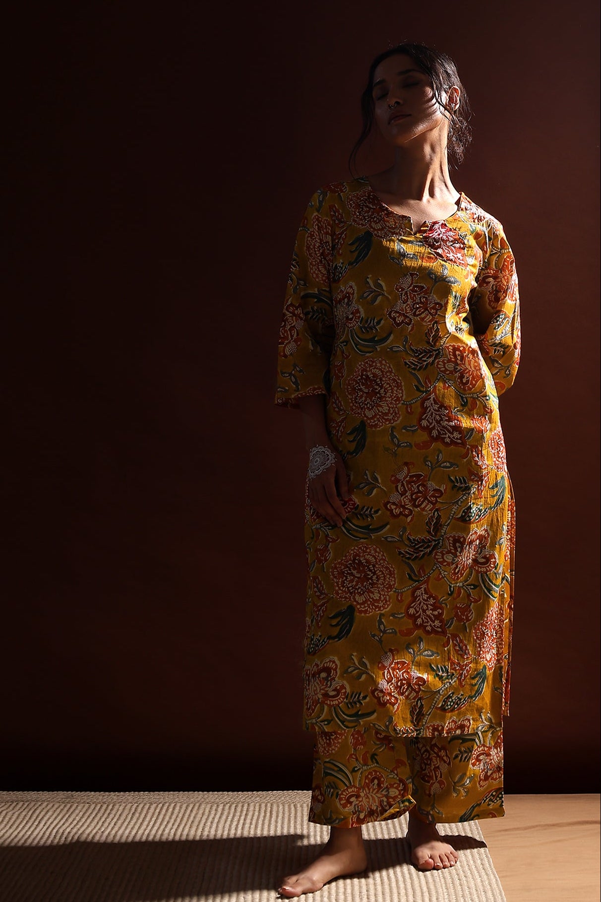 Mustard Yellow Floral Cotton Co-ord Set | HER-533