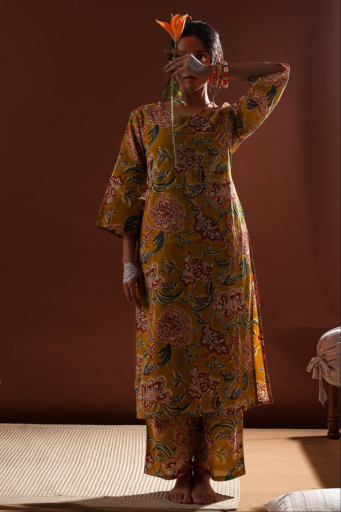 Mustard Yellow Floral Cotton Co-ord Set | HER-533