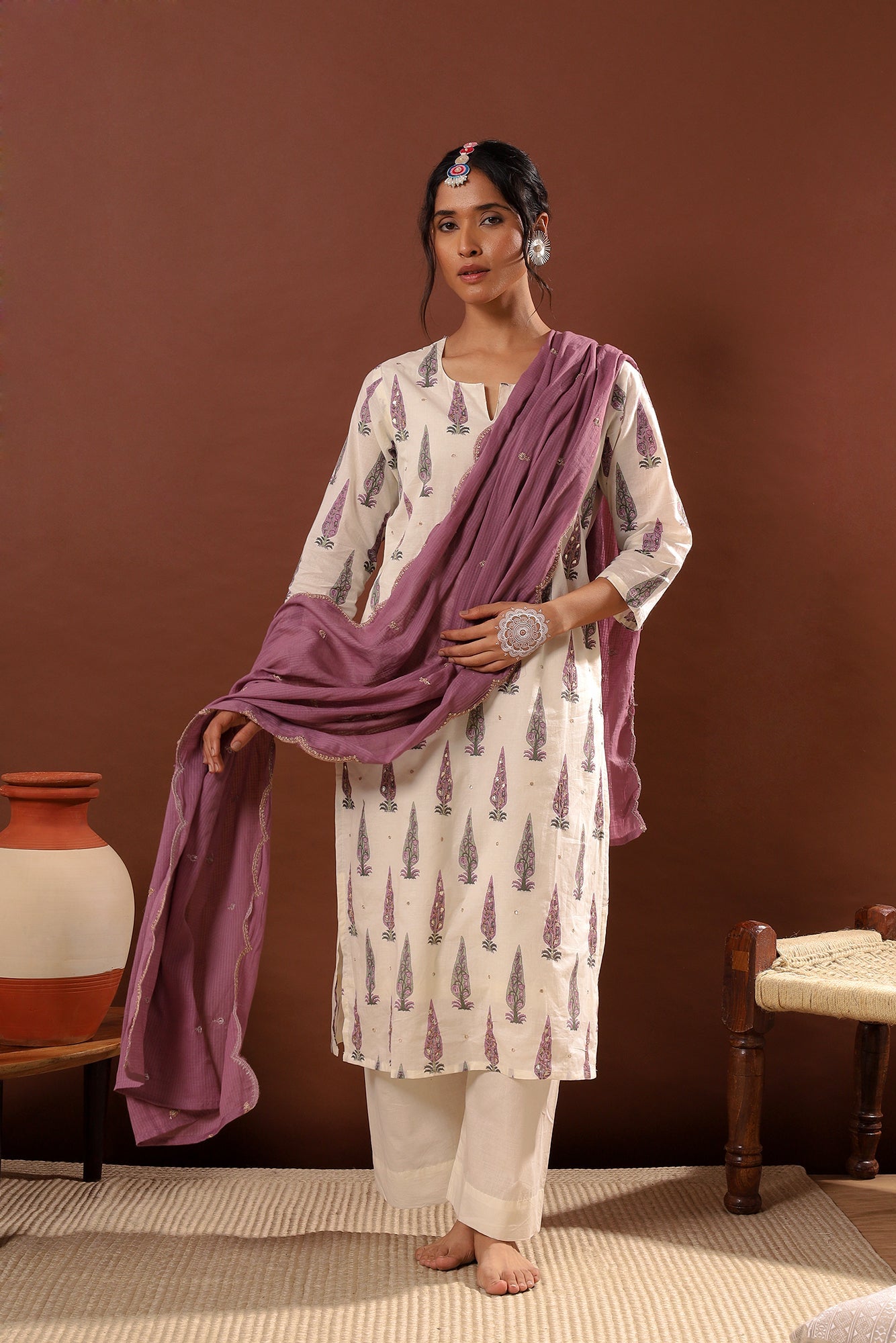 Lilac Floral Suit Set, with Kota Doria Dupatta | HER-519