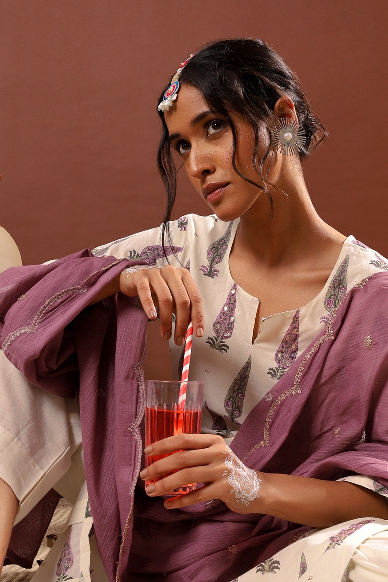 Lilac Floral Suit Set, with Kota Doria Dupatta | HER-519