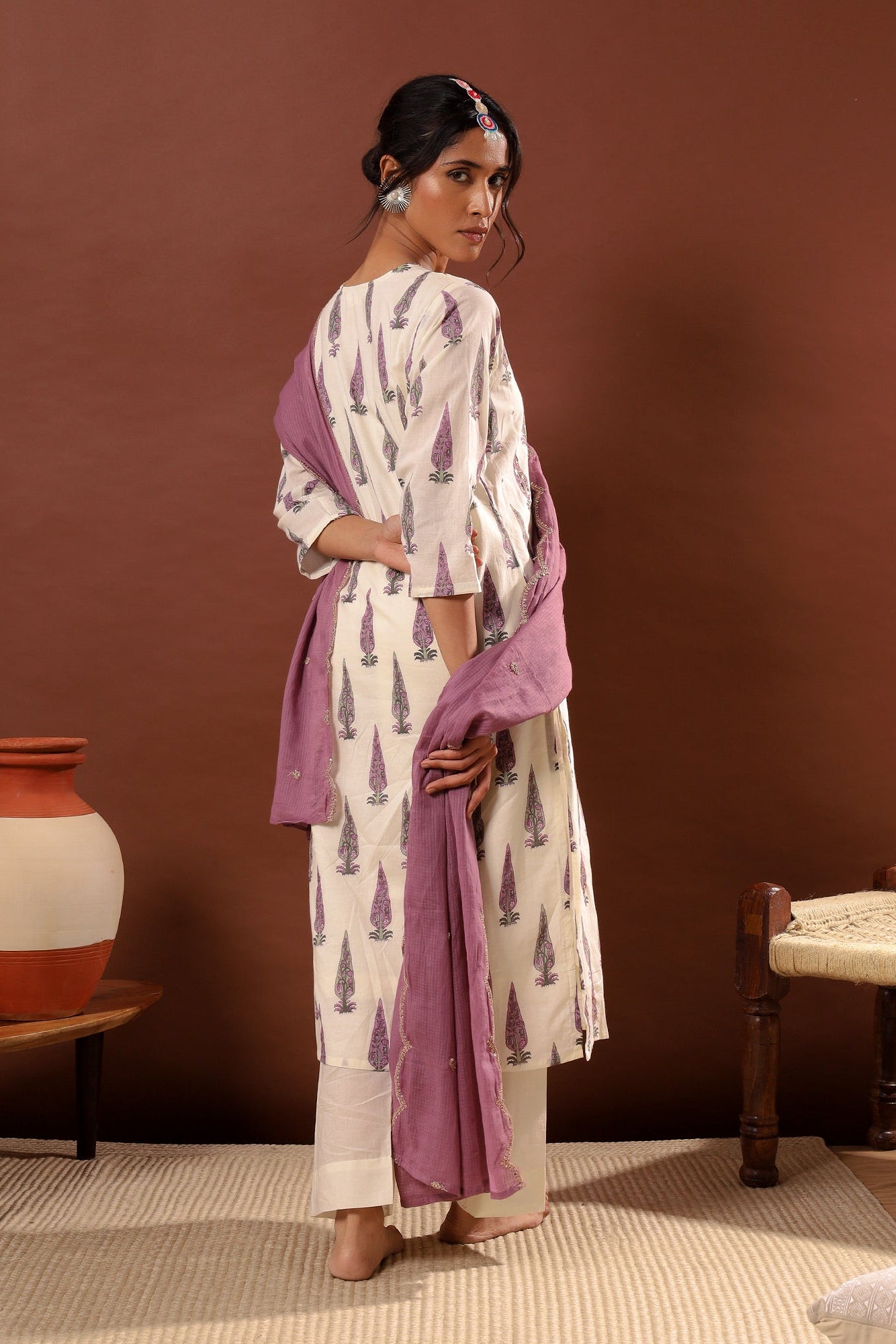 Lilac Floral Suit Set, with Kota Doria Dupatta | HER-519
