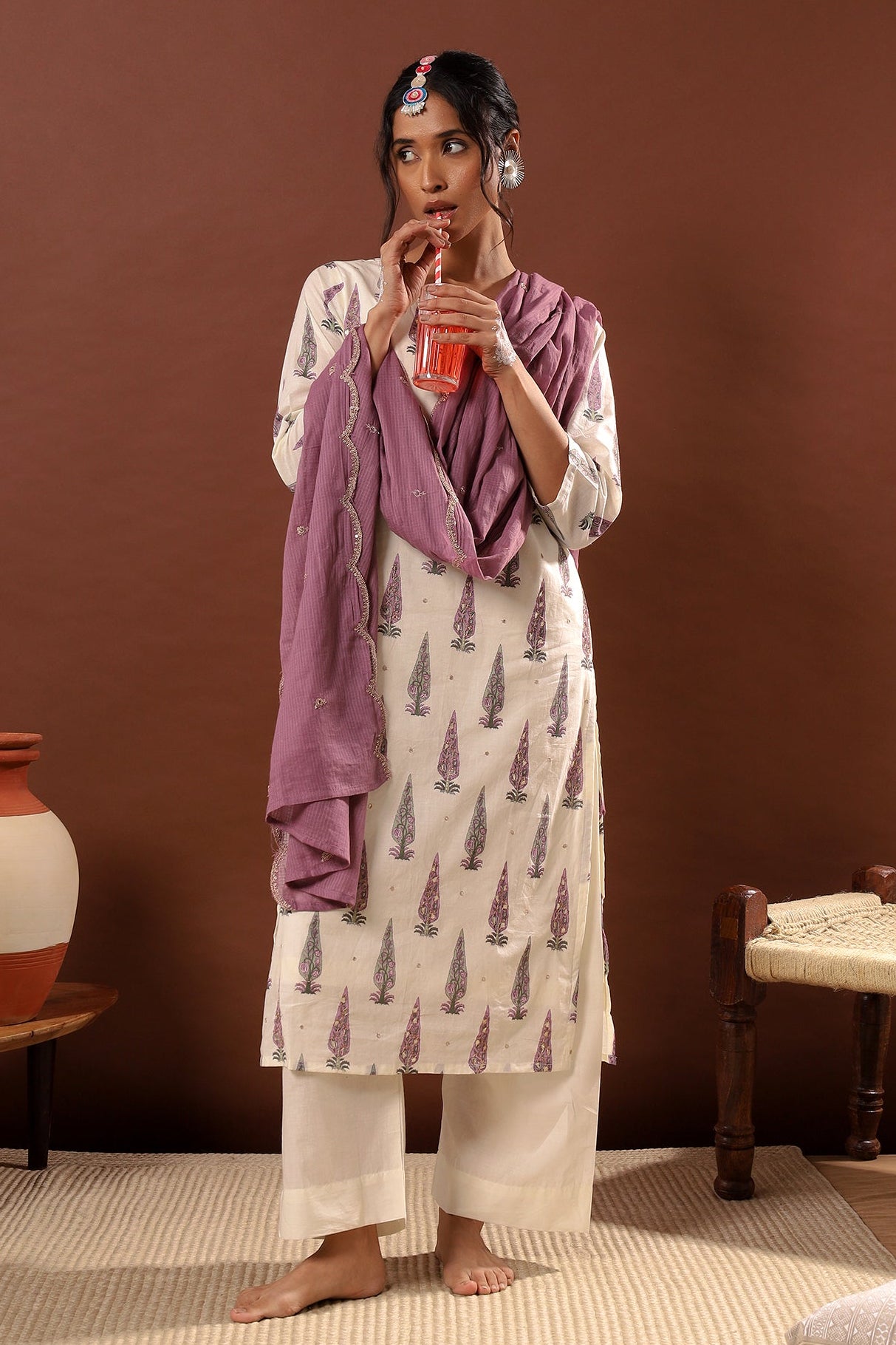 Lilac Floral Suit Set, with Kota Doria Dupatta | HER-519